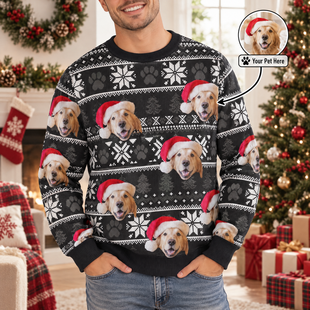 Custom Photo Upload Christmas Sweater with Dogs in Santa Hats KQAAE