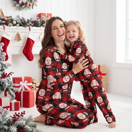 Custom Photo Upload Pajamas with Buffalo Plaid and Snowflakes T8D5Y