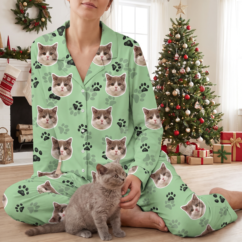 Custom Photo Upload Pajamas with Cat Faces and Paw Prints 3WVIA