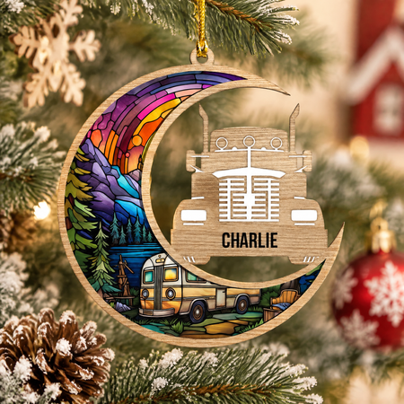 Custom Personalized Wood Ornament with Truck & Sunset Landscape D8TTZ