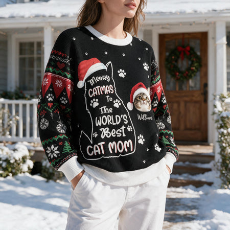 Custom Photo Upload Meowy Catmas World's Best Cat Mom Sweater 96YQ3