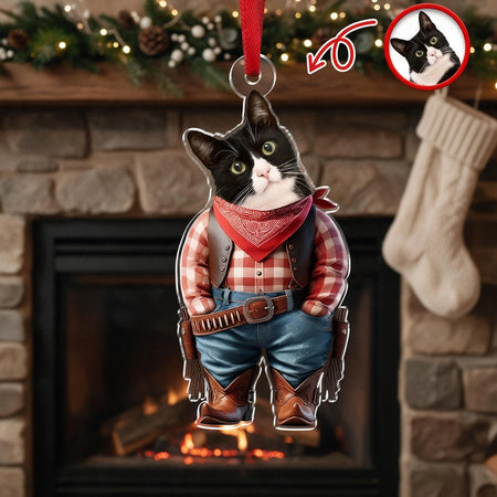 Custom Photo Upload Acrylic Ornament with Pet in Cowboy Outfit PV6BR