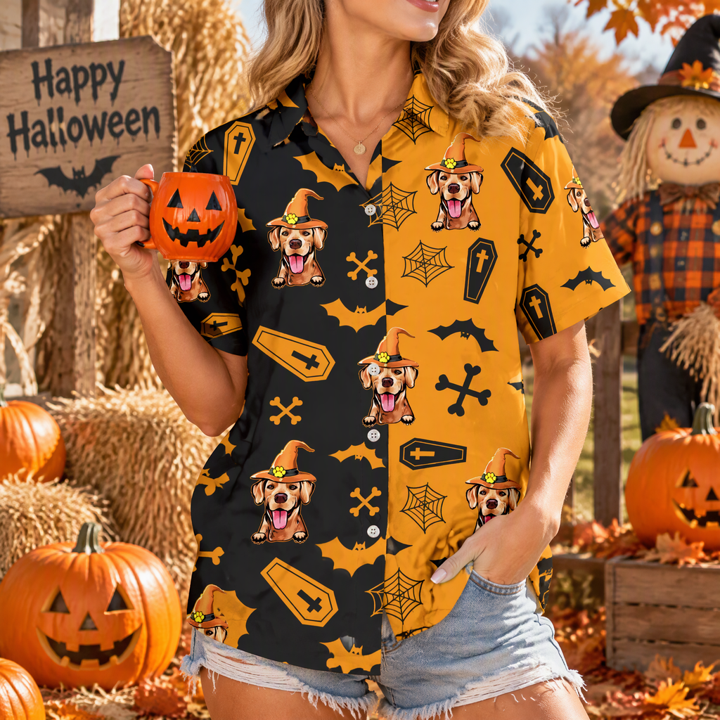 Custom Photo Upload Hawaiian Shirt with Halloween Dog & Bats 9S3Q7