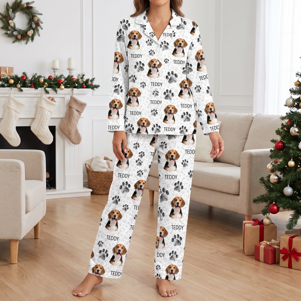 Custom Photo Upload Pajamas with Cat Portraits and Paw Prints 9JSU8
