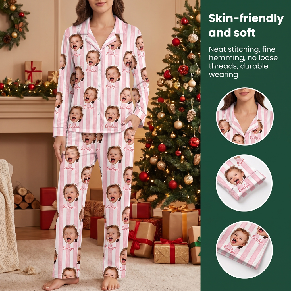 Custom Photo Upload Pajamas with Pink and White Stripes N4EIX
