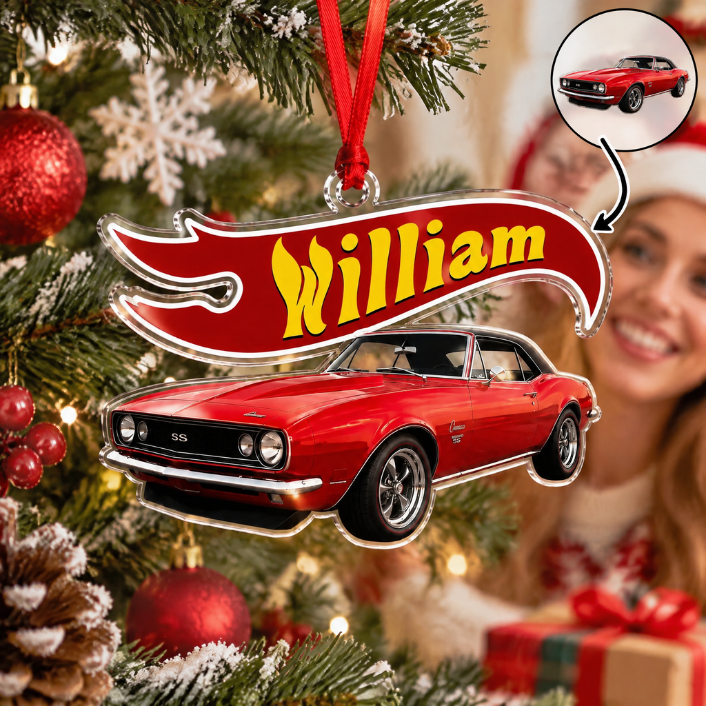 Custom Personalized Acrylic Ornament with Red Muscle Car BOL1M