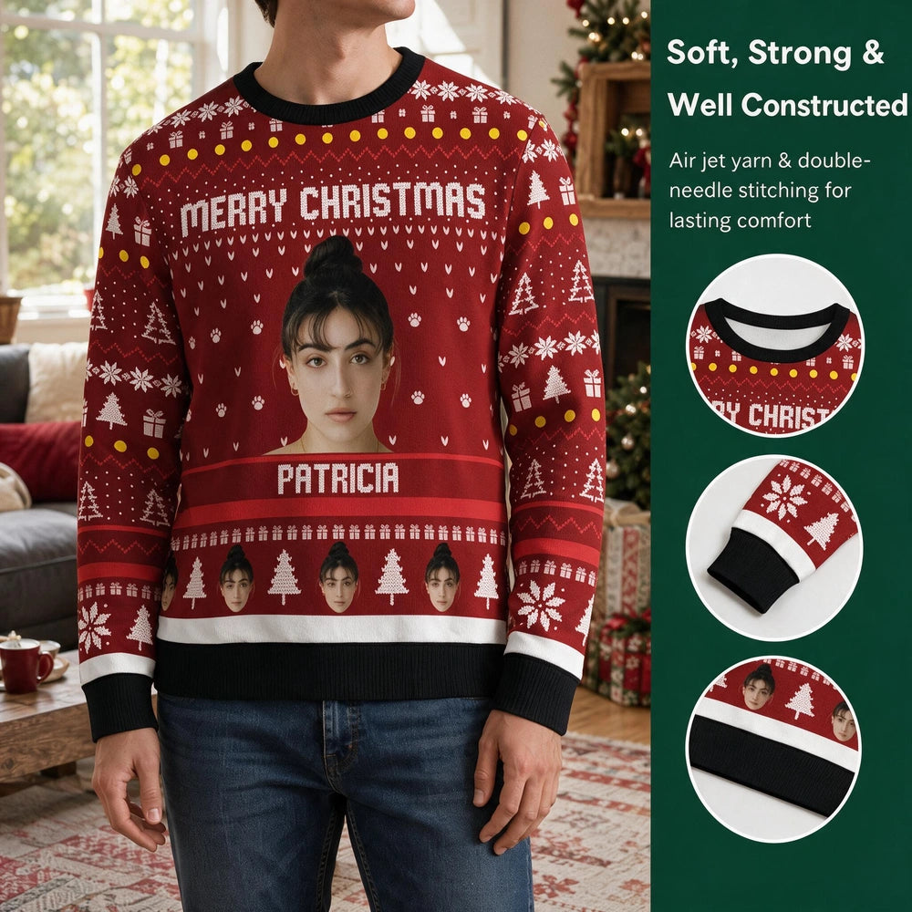 Custom Photo Upload Merry Christmas Sweater with Festive Pattern U73QM