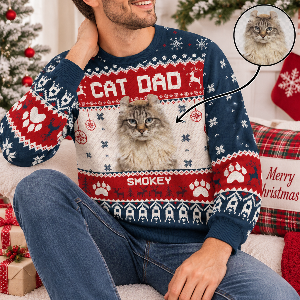 Custom Personalized Cat Dad Ugly Christmas Sweater with Photo Upload EE5WW