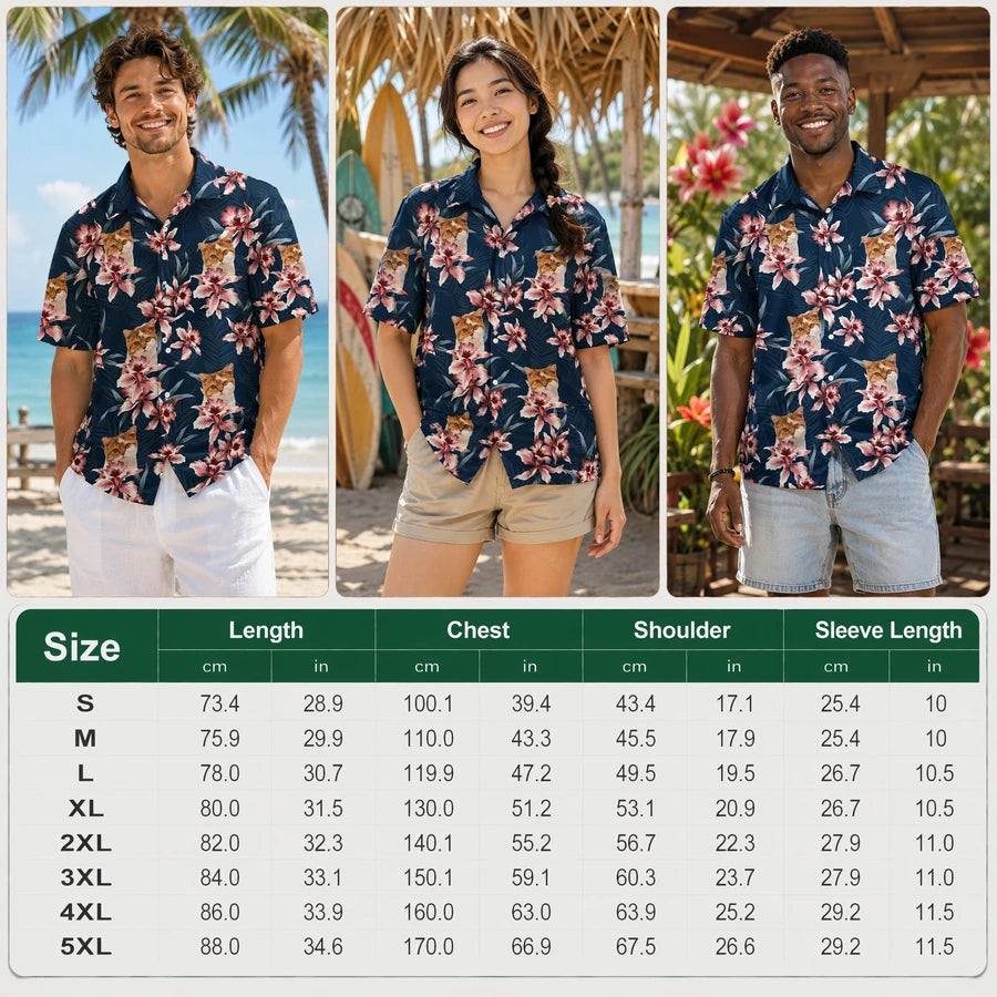 Custom Cat Lily Flowers Hawaiian Shirt - size chart