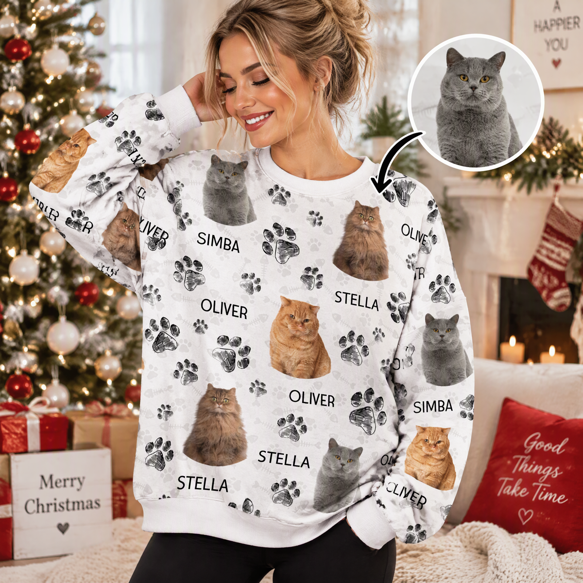 Custom Photo Upload Sweatshirt with Dog Portraits & Paw Prints EX8XH