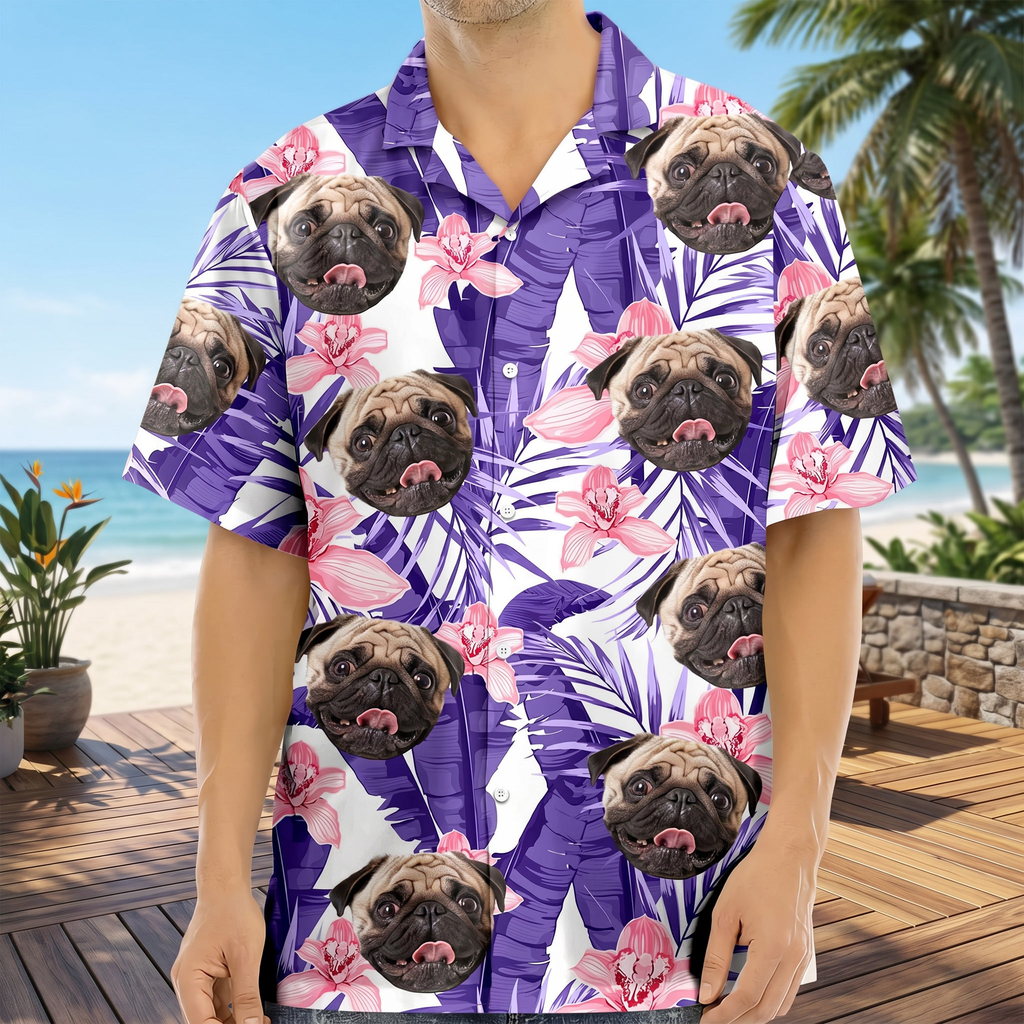 Custom Photo Funny Face Dog Cat Family Vacation Tropical Pattern Hawaiian Shirt