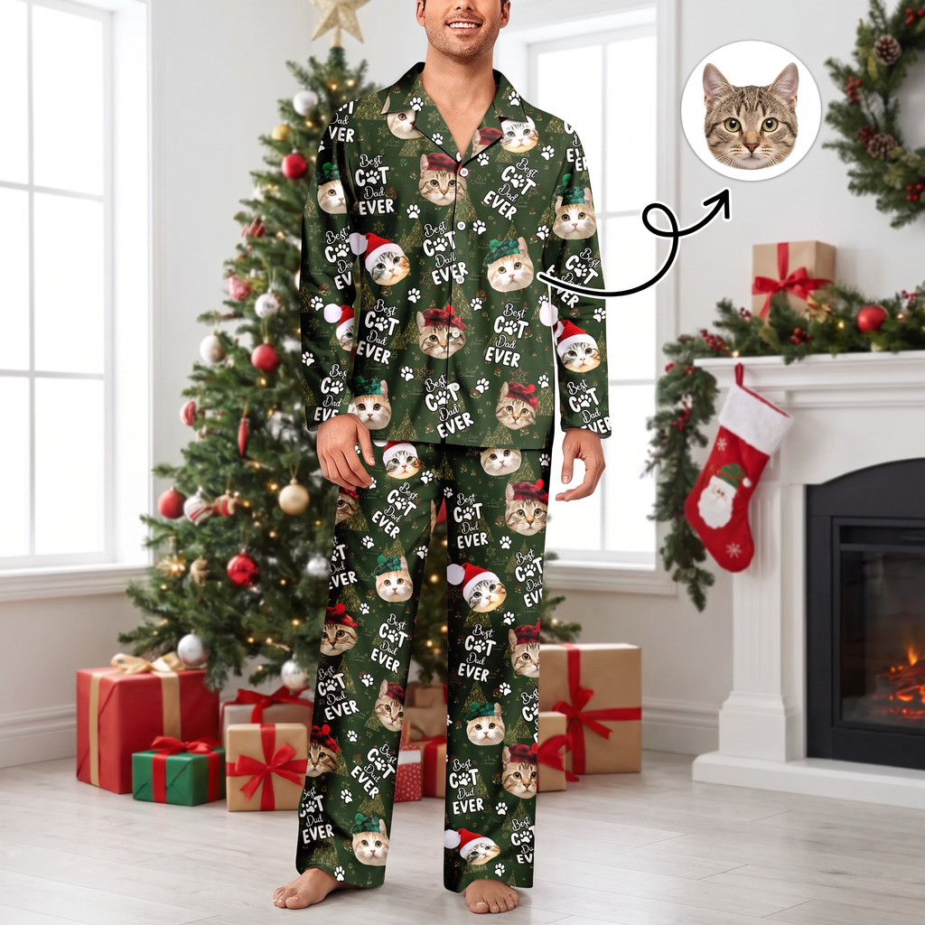 Custom Photo Upload Best Cat Dad Ever Christmas Pajamas CCPQP