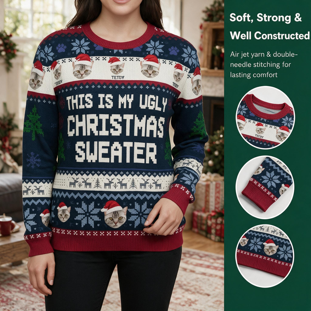 Custom Photo Upload This Is My Ugly Christmas Sweater with Cats U7Z9Q