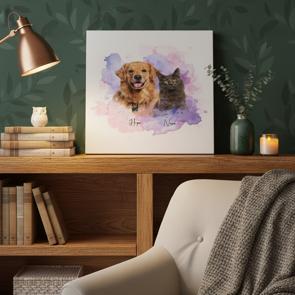 Custom Pet Photo Watercolor Background Poster Canvas Picture Frame Personalized 16J7R