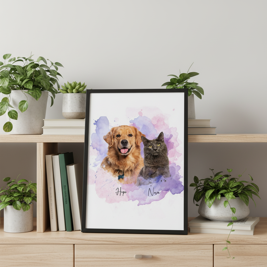Custom Pet Photo Watercolor Background Poster Canvas Picture Frame Personalized 16J7R