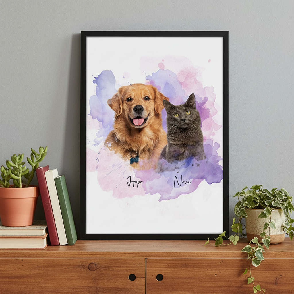 Custom Pet Photo Watercolor Background Poster Canvas Picture Frame Personalized U5BBZ