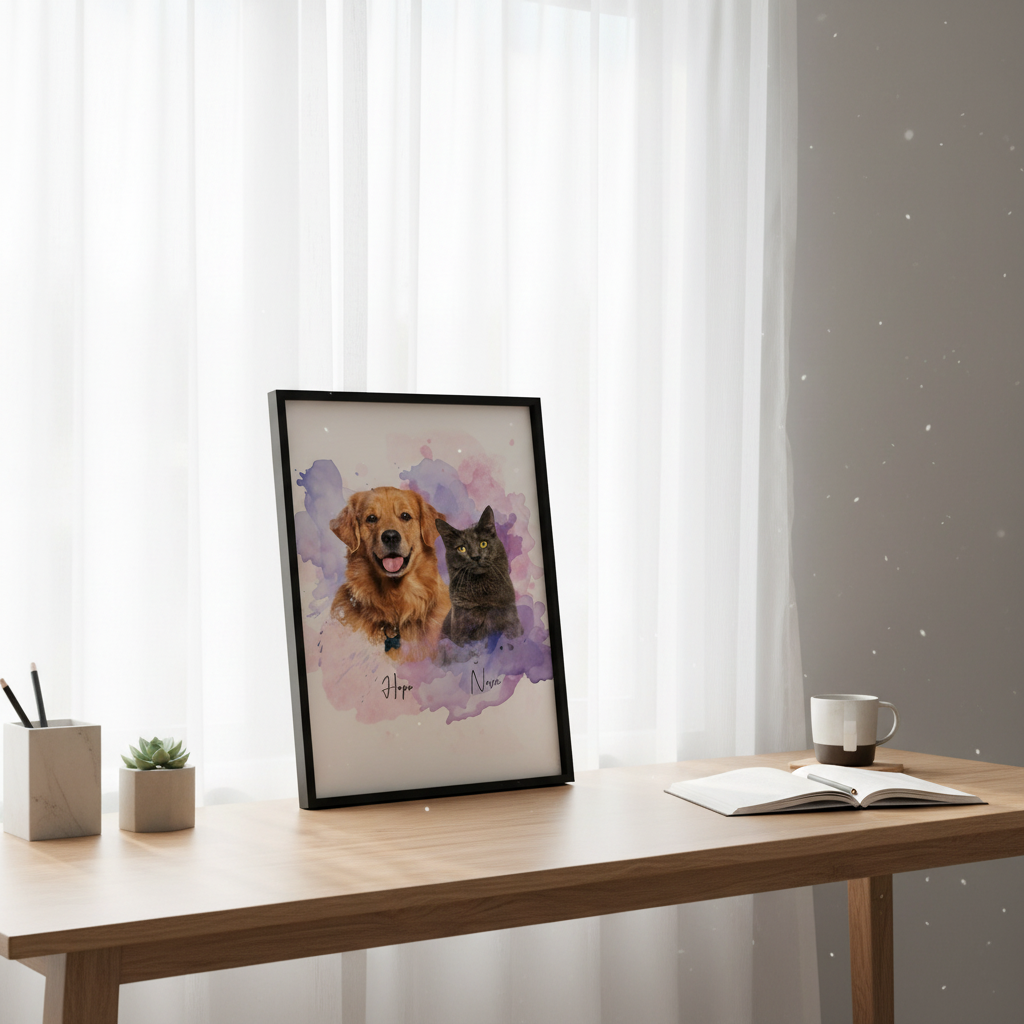 Custom Pet Photo Watercolor Background Poster Canvas Picture Frame Personalized 16J7R
