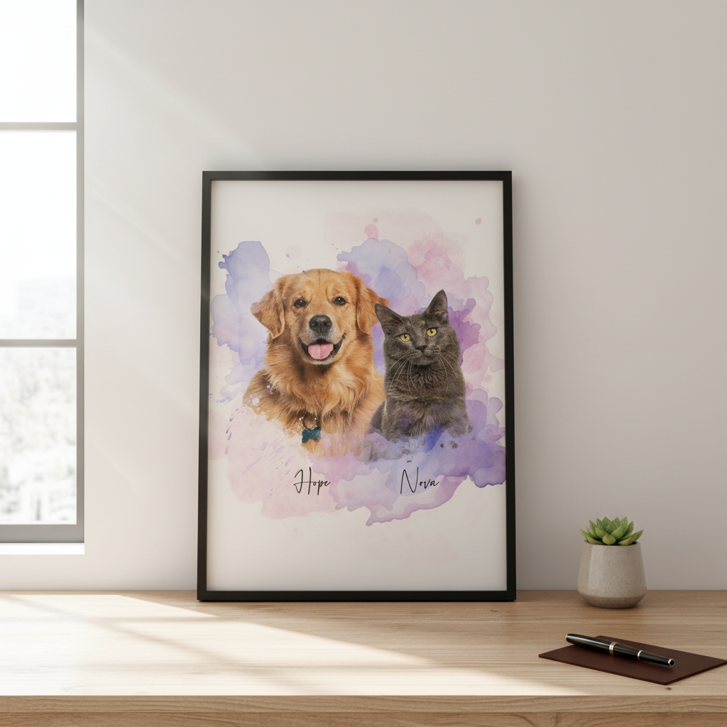 Custom Pet Photo Watercolor Background Poster Canvas Picture Frame Personalized U5BBZ