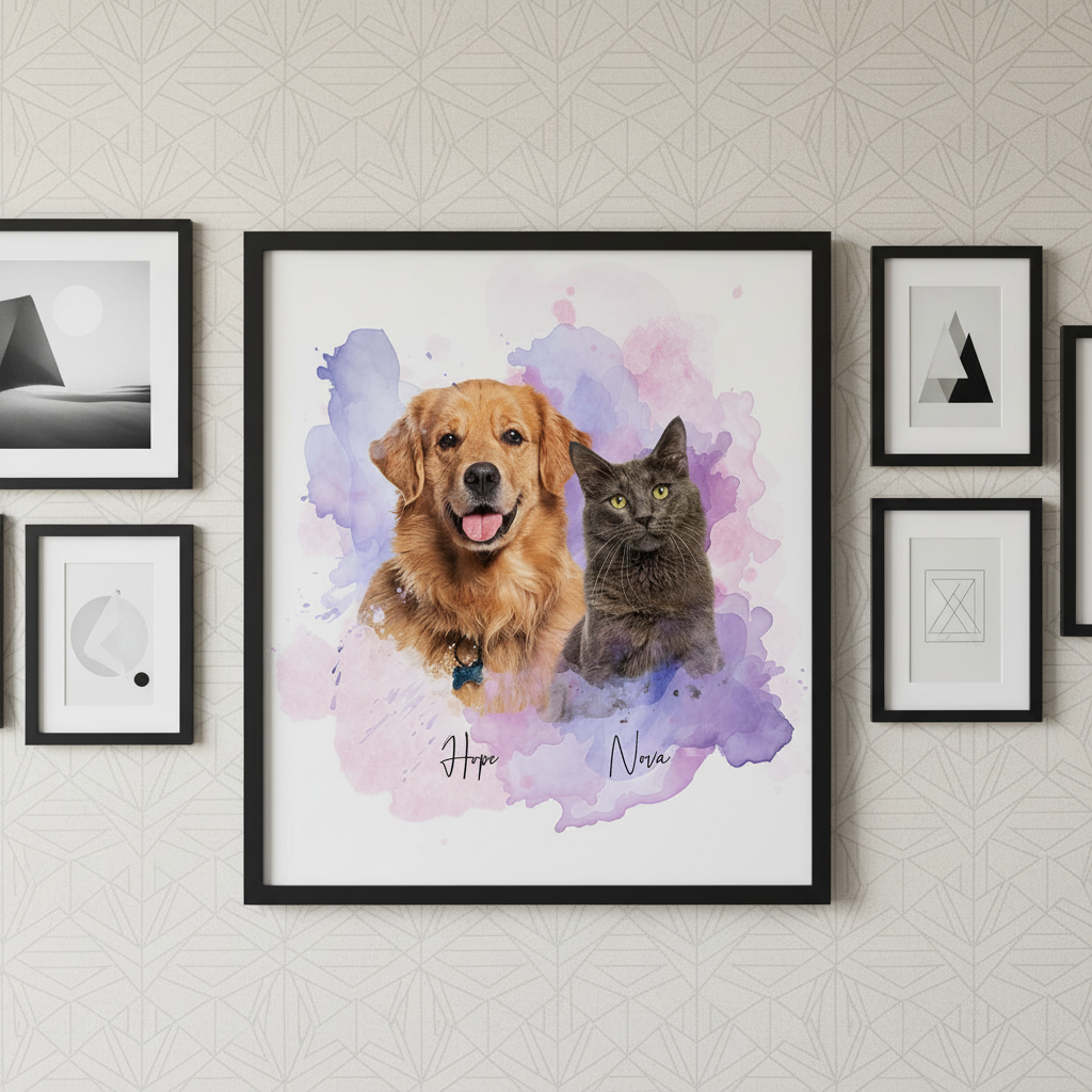 Custom Pet Photo Watercolor Background Poster Canvas Picture Frame Personalized U5BBZ