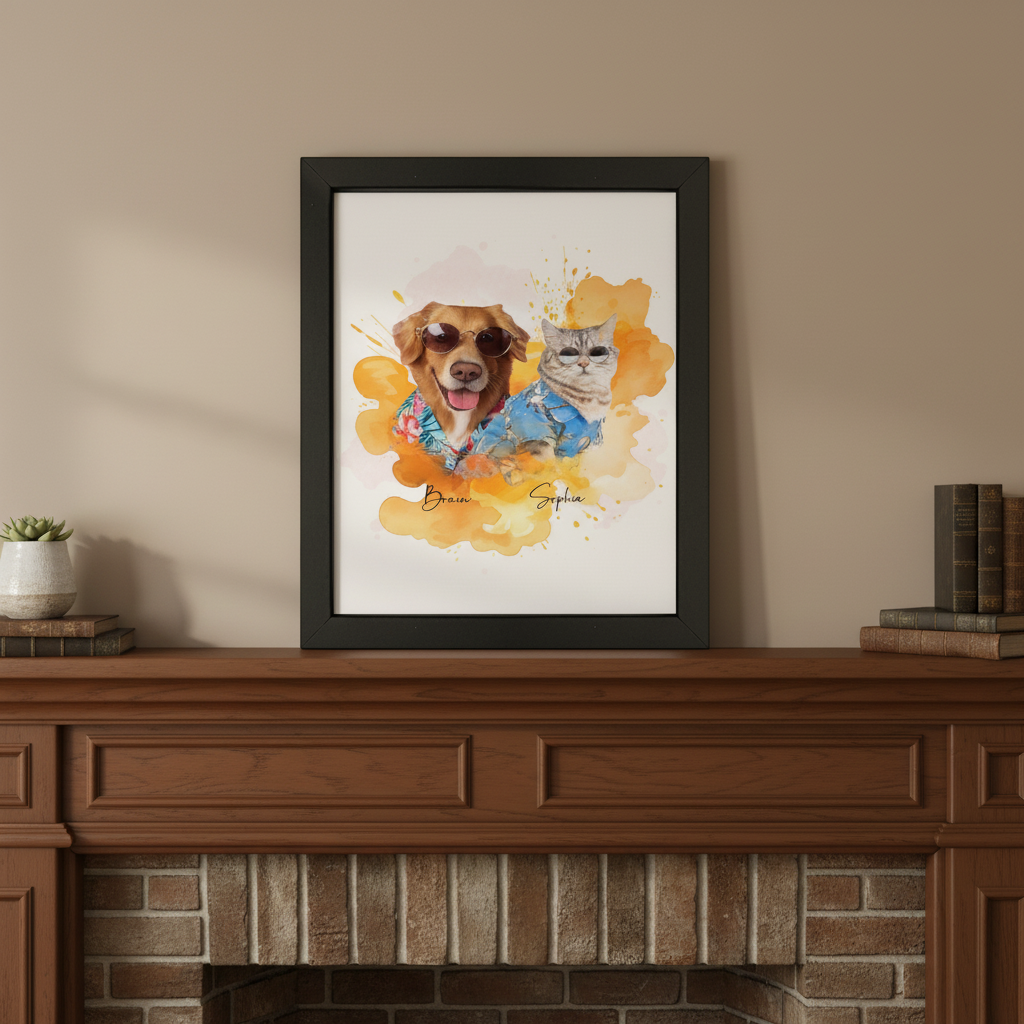 Custom Pet Photo Watercolor Background Poster Canvas Picture Frame Personalized 16J7R