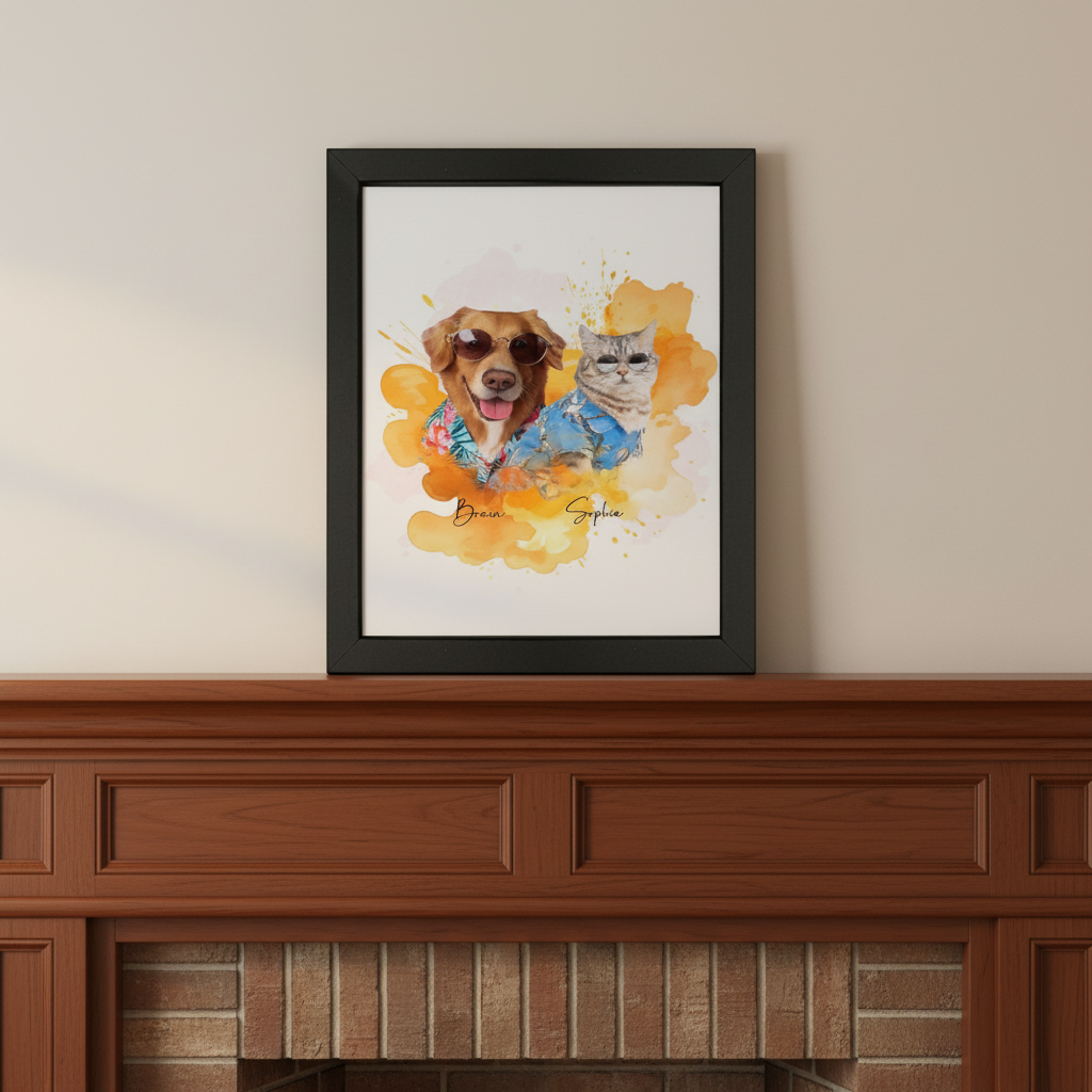 Custom Pet Photo Watercolor Background Poster Canvas Picture Frame Personalized U5BBZ