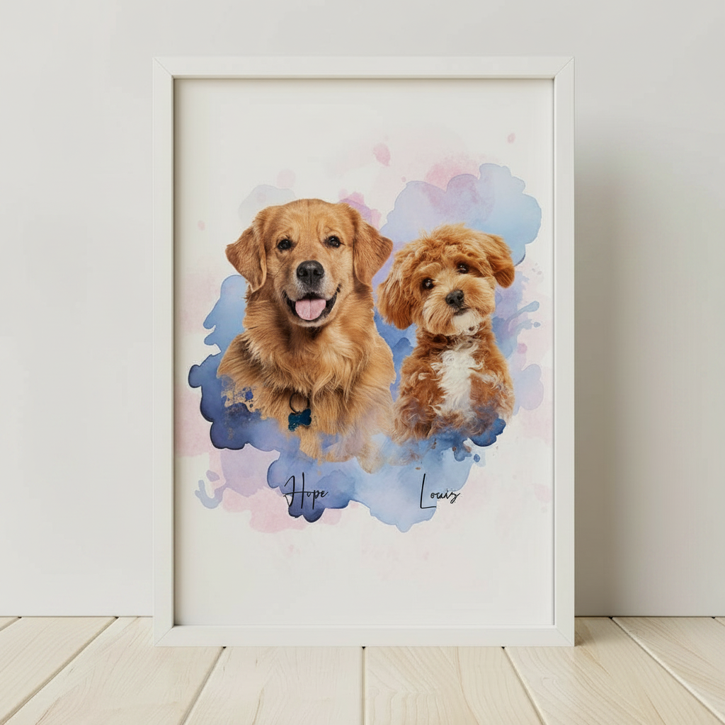 Custom Pet Photo Watercolor Background Poster Canvas Picture Frame Personalized 16J7R