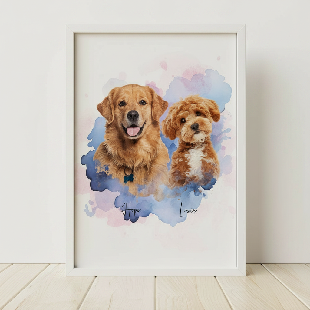 Custom Pet Photo Watercolor Background Poster Canvas Picture Frame Personalized U5BBZ