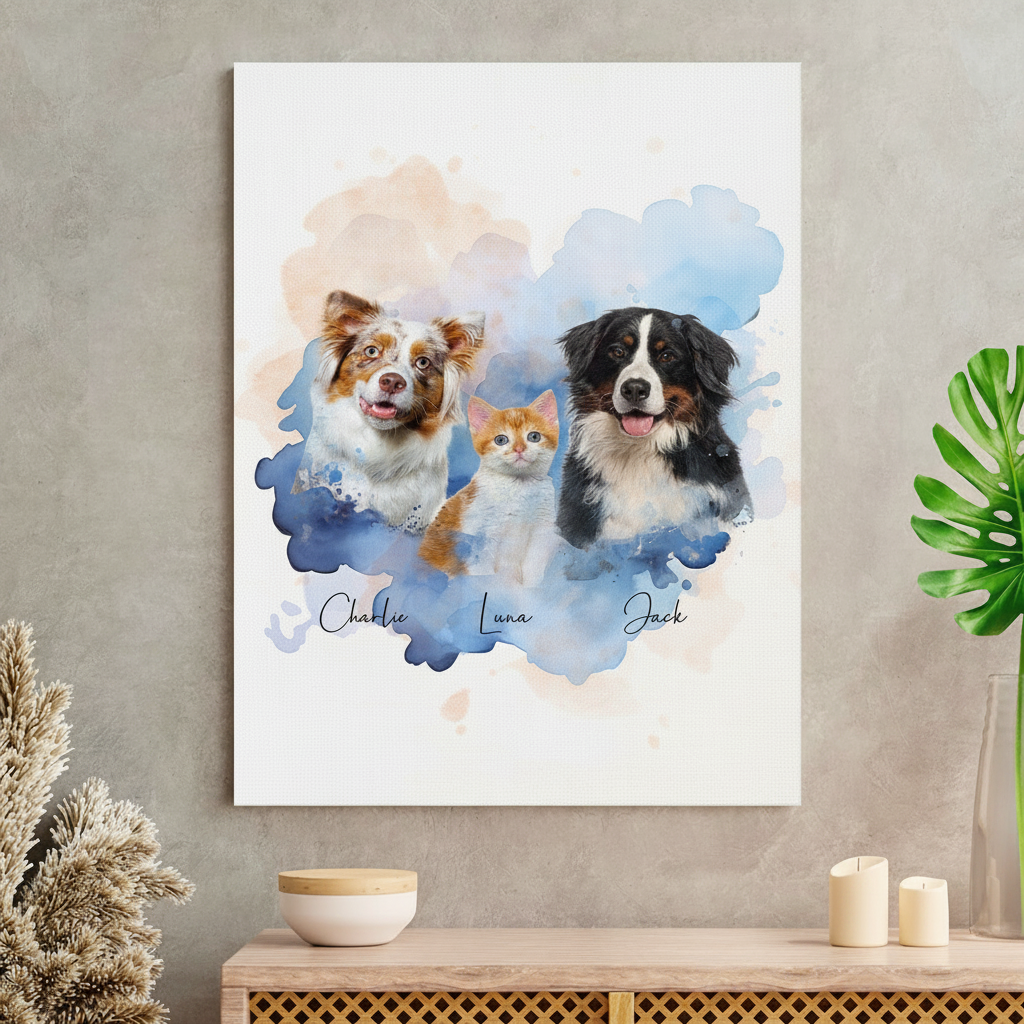 Custom Pet Photo Watercolor Background Poster Canvas Picture Frame Personalized 16J7R