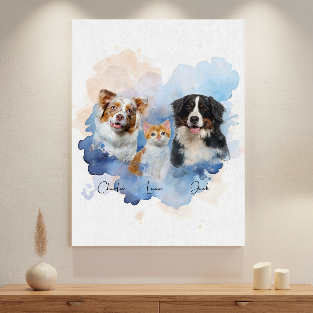 Custom Pet Photo Watercolor Background Poster Canvas Picture Frame Personalized U5BBZ