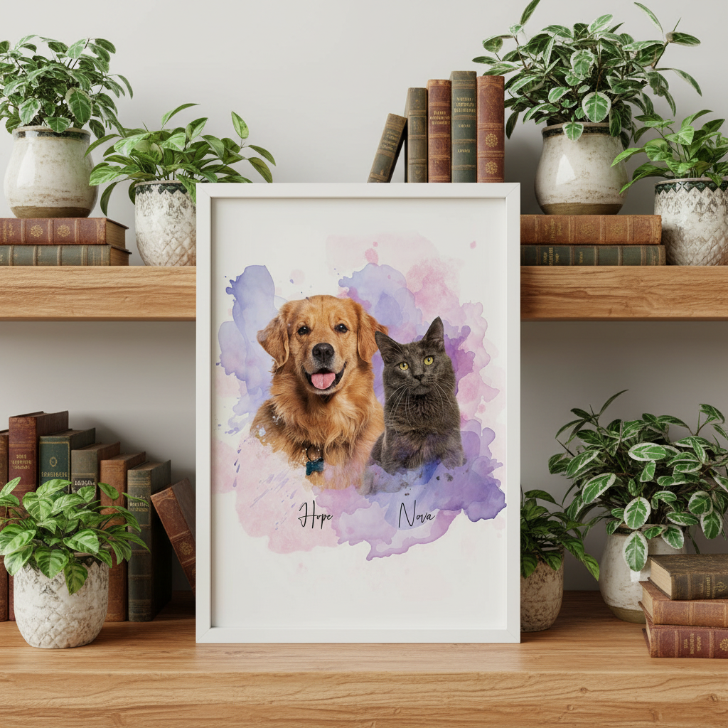 Custom Pet Photo Watercolor Background Poster Canvas Picture Frame Personalized U5BBZ
