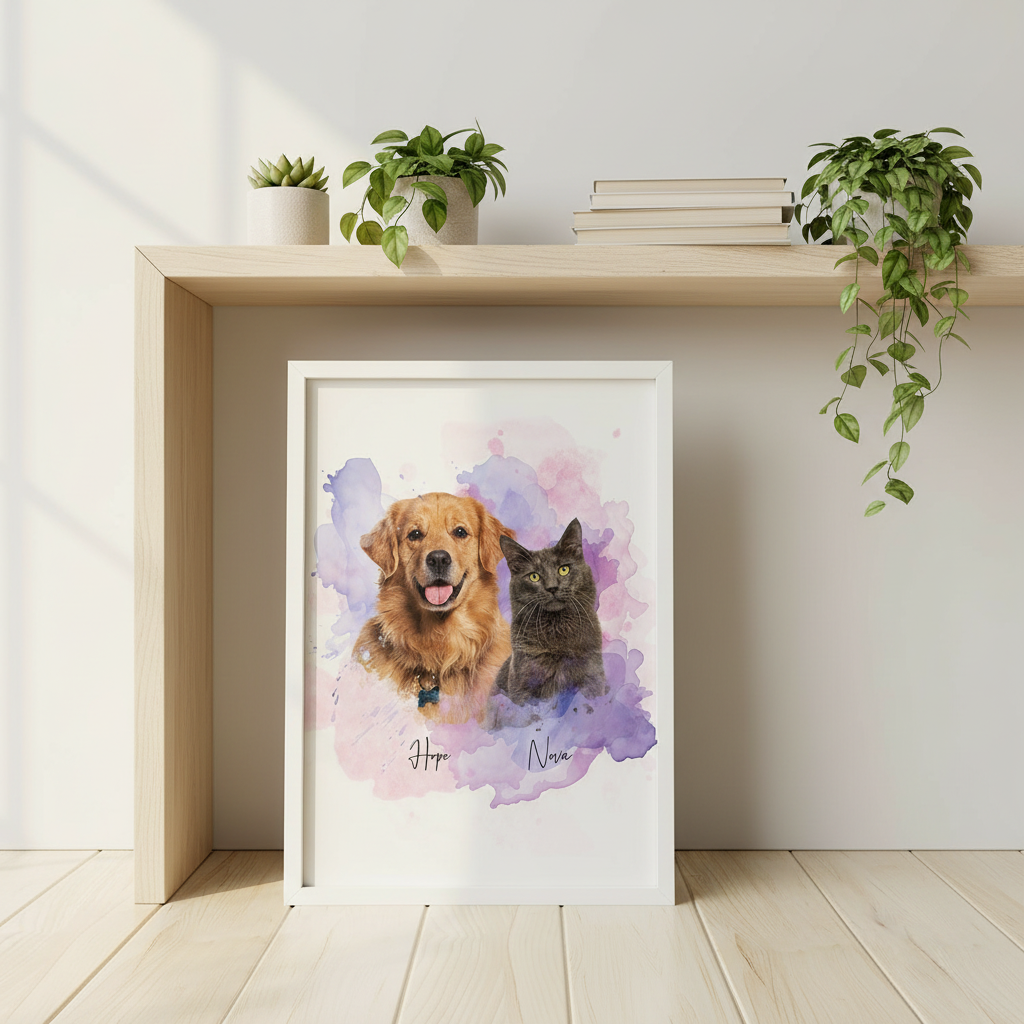 Custom Pet Photo Watercolor Background Poster Canvas Picture Frame Personalized 16J7R