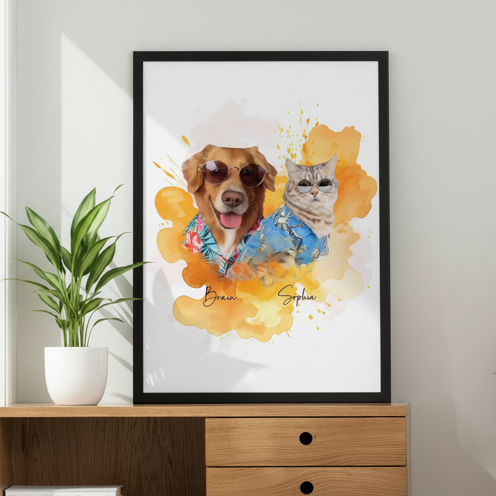 Custom Pet Photo Watercolor Background Poster Canvas Picture Frame Personalized U5BBZ