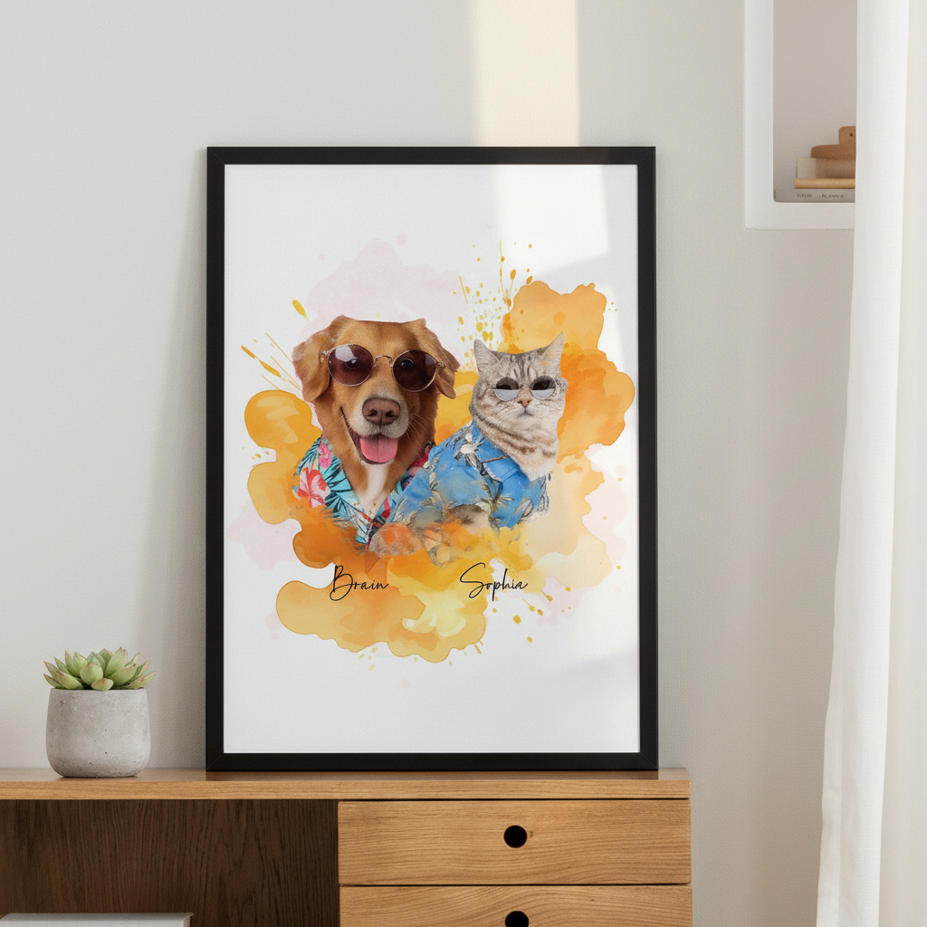 Custom Pet Photo Watercolor Background Poster Canvas Picture Frame Personalized 16J7R