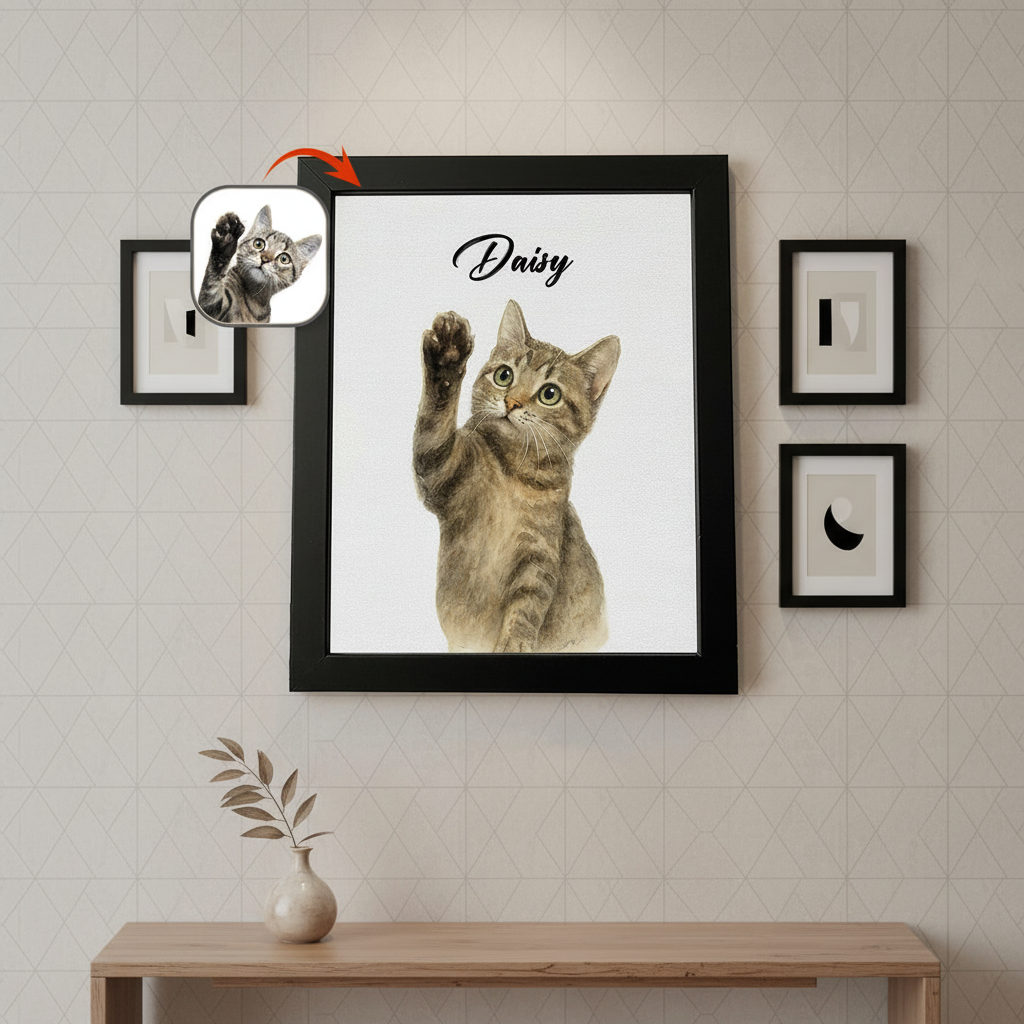 Custom Pet Portrait Photo With Watercolor Style Poster Picture Frame 2LTUM