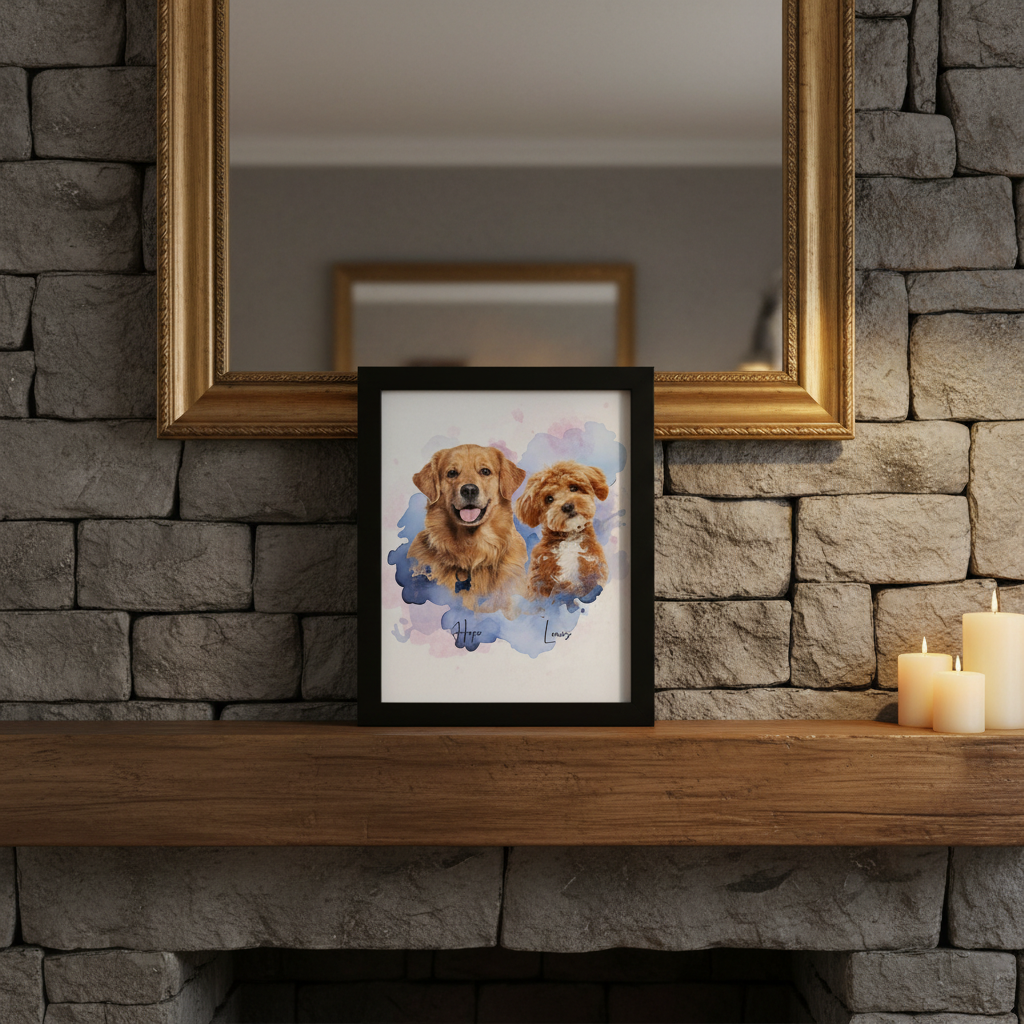 Custom Pet Photo Watercolor Background Poster Canvas Picture Frame Personalized U5BBZ
