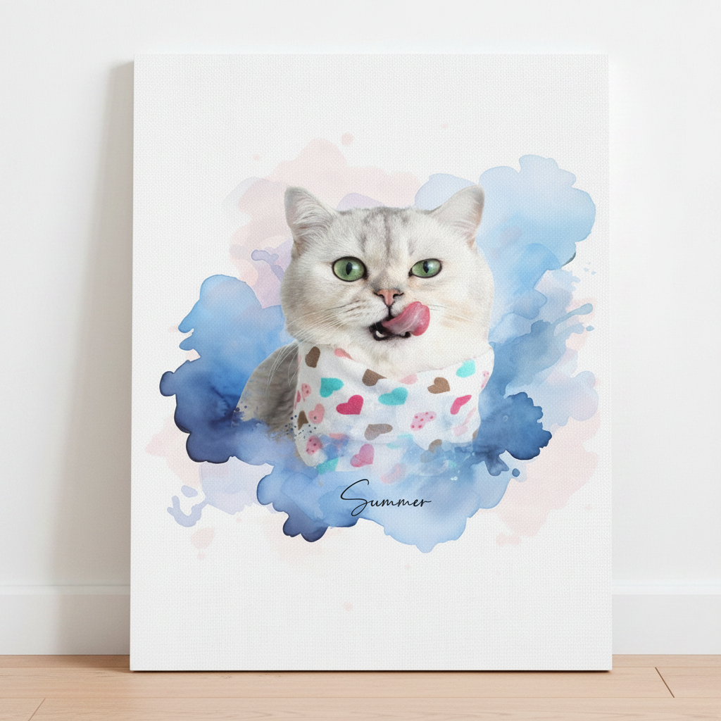 Custom Pet Photo Watercolor Background Poster Canvas Picture Frame Personalized U5BBZ