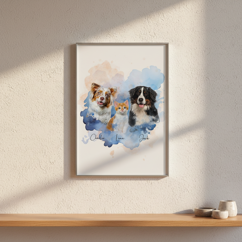 Custom Pet Photo Watercolor Background Poster Canvas Picture Frame Personalized 16J7R