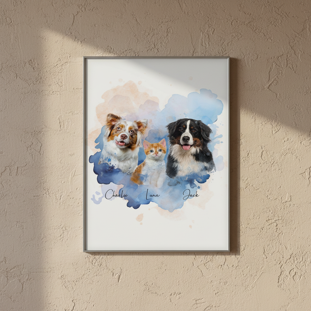 Custom Pet Photo Watercolor Background Poster Canvas Picture Frame Personalized U5BBZ