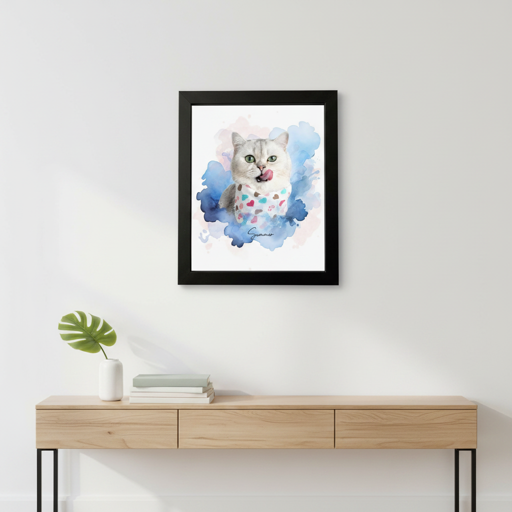 Custom Pet Photo Watercolor Background Poster Canvas Picture Frame Personalized U5BBZ