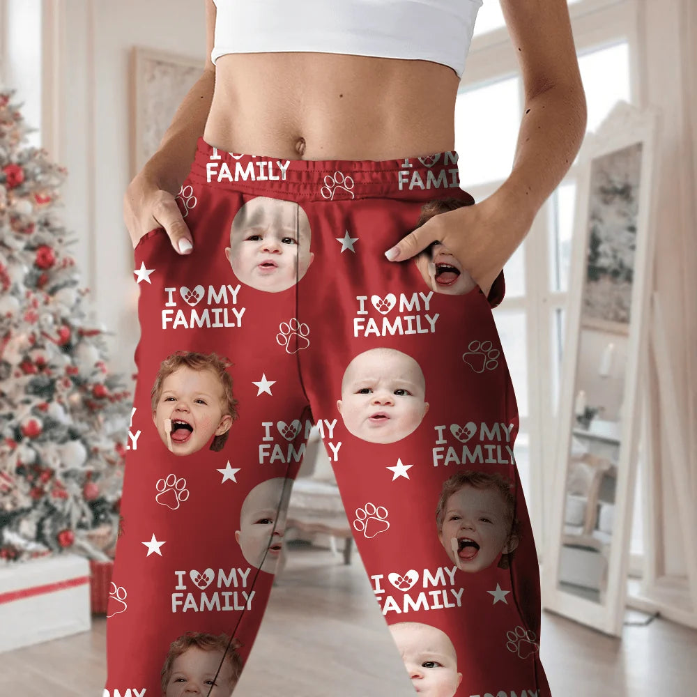Custom Photo Upload Pajamas with I Love My Family & Paw Prints CIVU9