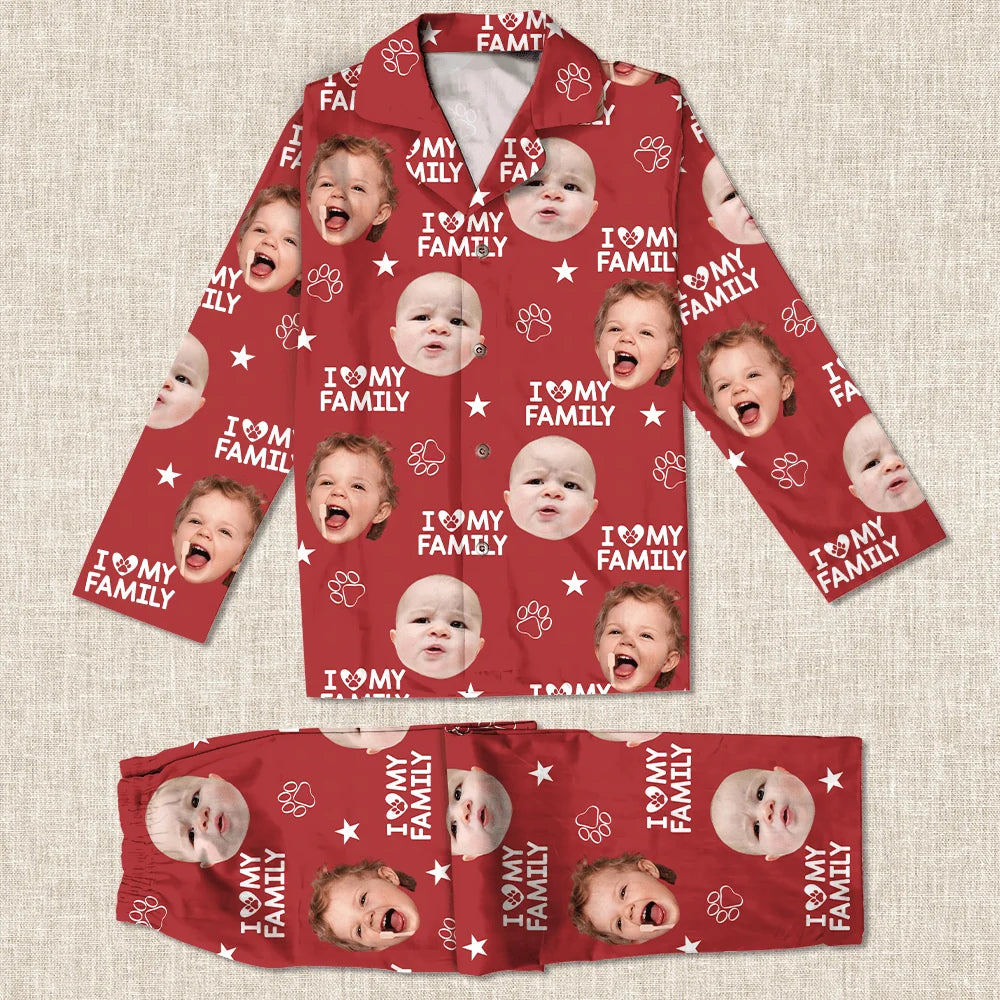 Custom Photo Upload Pajamas with I Love My Family & Paw Prints CIVU9