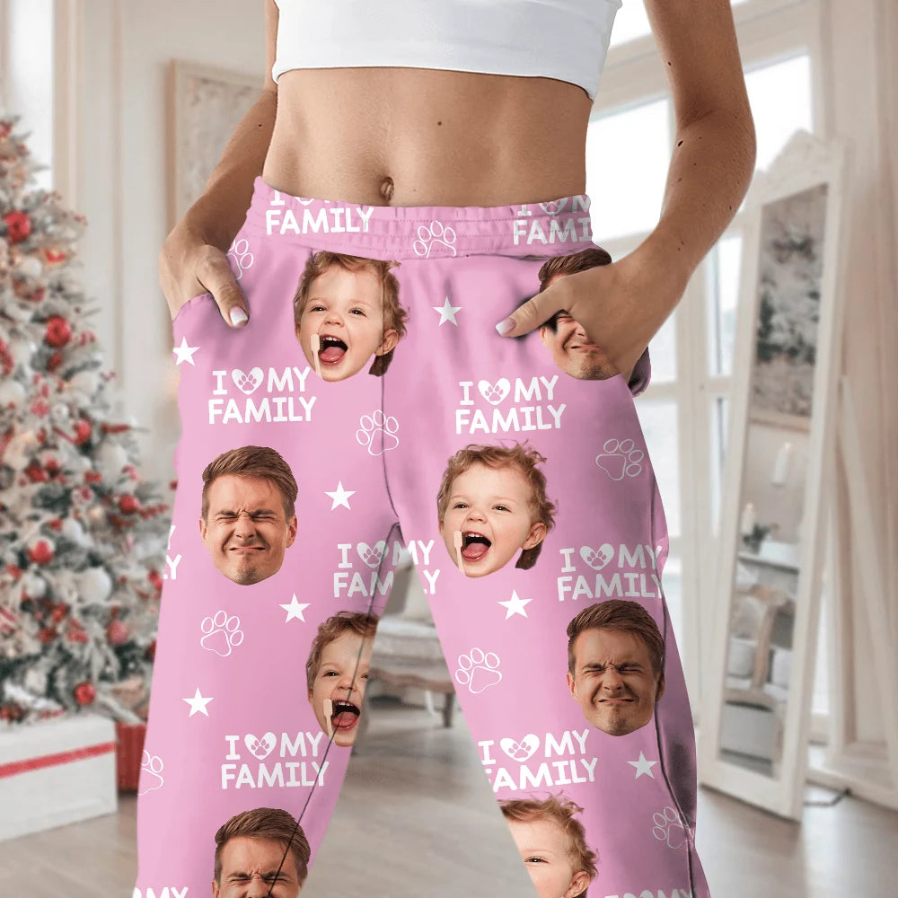 Custom Photo Upload Pajamas with I Love My Family & Paw Prints CIVU9