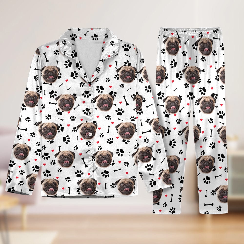 Custom Photo Upload Pajamas with Dog Face, Paw Prints & Bones AONQE