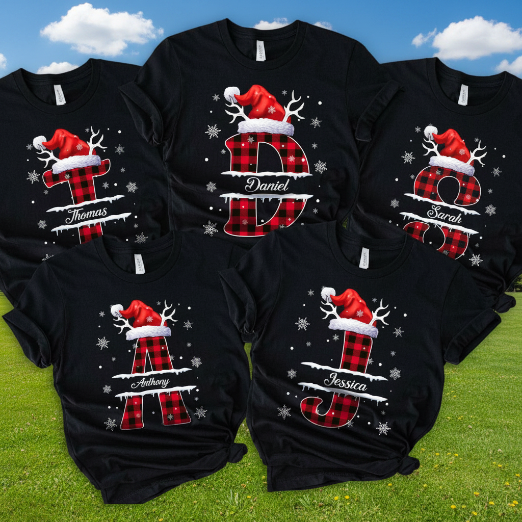 Custom Name Initial Letter Christmas T-Shirt — Family Gift 7GDWJ