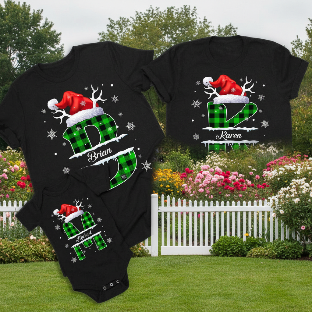 Custom Name Initial Letter Christmas T-Shirt — Family Gift 7GDWJ