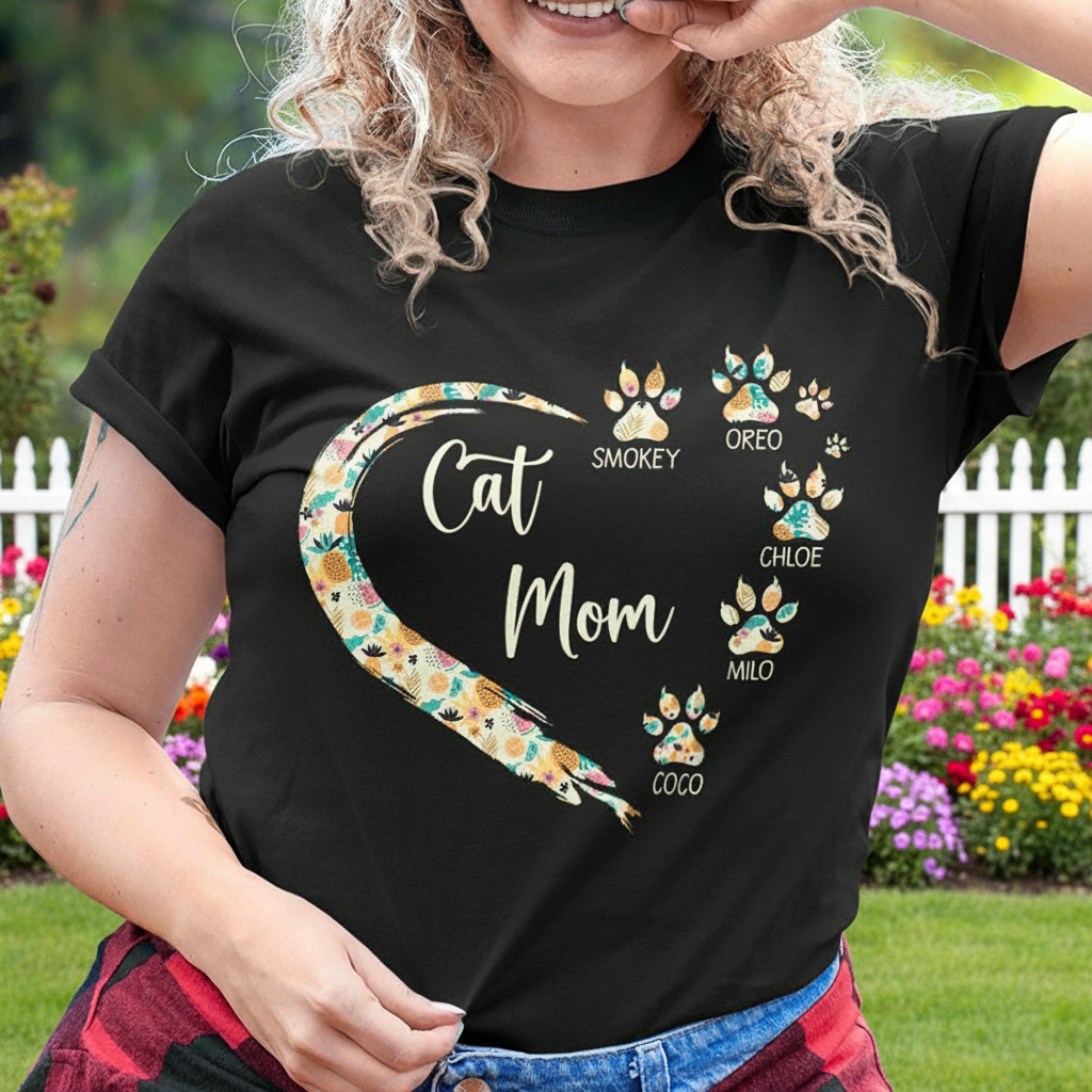 Custom Cat Mom Paw Hearts T-Shirt — Gift for Mom GAVDX
