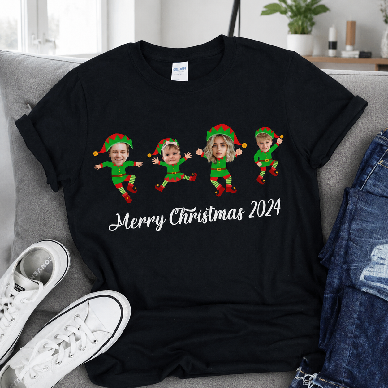 Custom Face Family Merry Christmas T-Shirt — Family Gift UQFC2