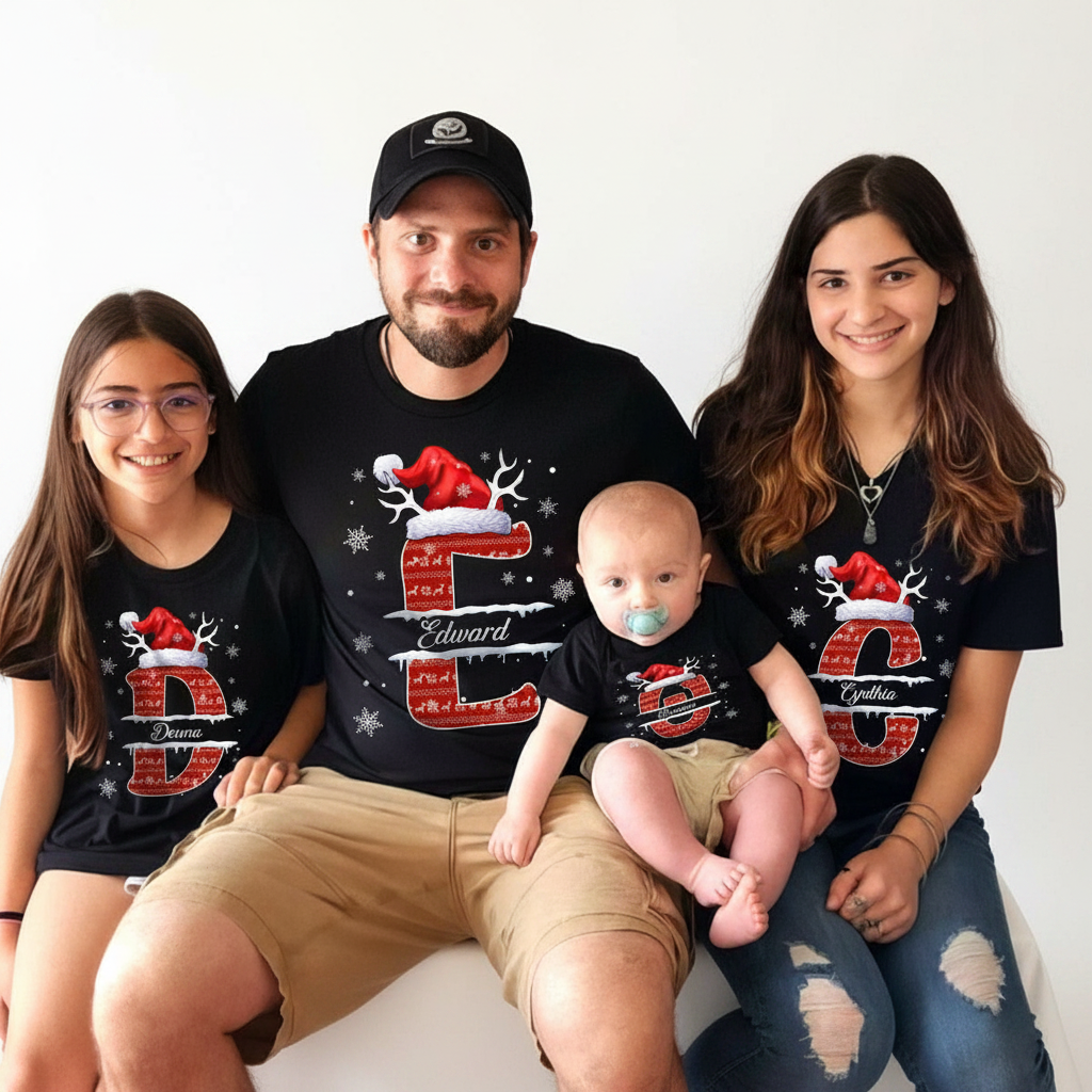 Custom Name Initial Letter Christmas T-Shirt — Family Gift 7GDWJ