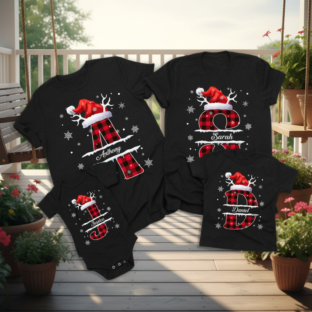 Custom Name Initial Letter Christmas T-Shirt — Family Gift 7GDWJ