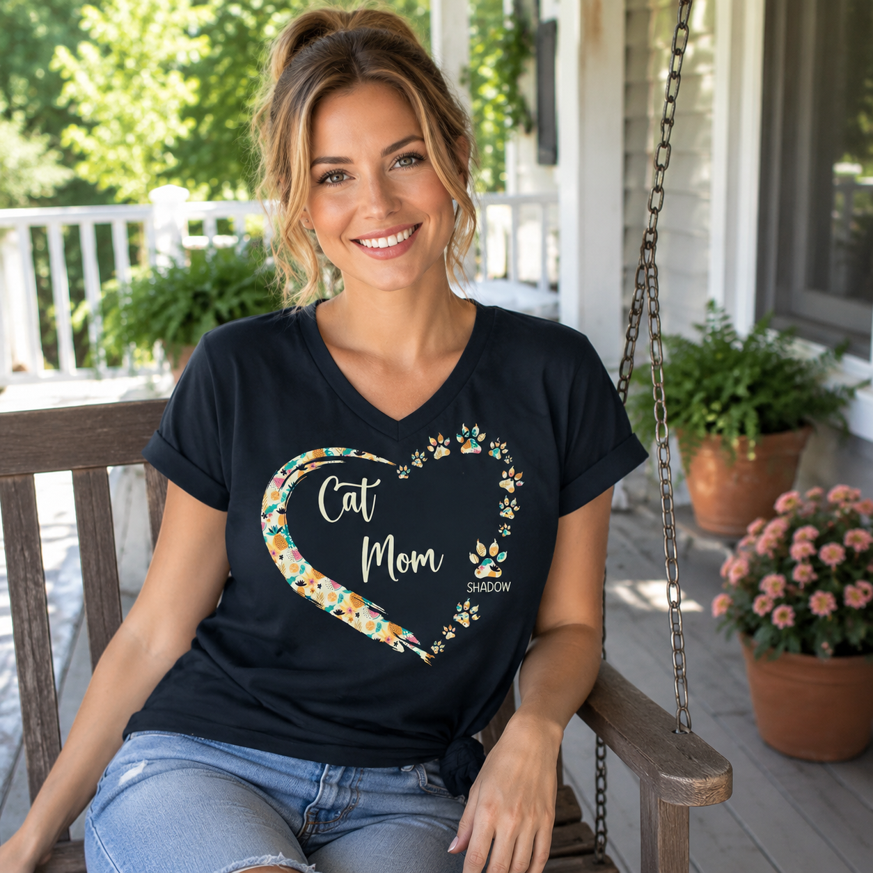 Custom Cat Mom Paw Hearts T-Shirt — Gift for Mom RBRNQ